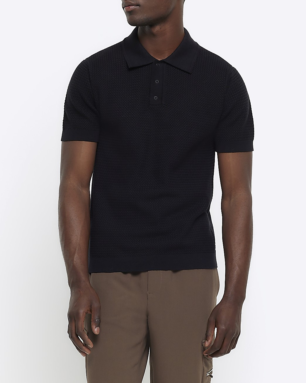 Black slim fit textured knitted polo shirt | River Island (UK & IE)