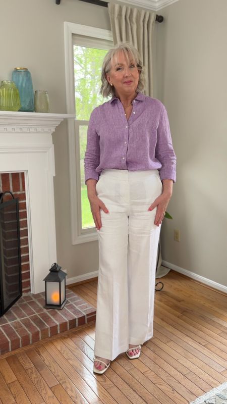 My J.McLaughlin shirt runs true to size but I sized up for more room in the upper arms. I’m wearing a size L. I’m wearing a 10 in the linen pants so I’d say they are tts. They are lined and very comfortable. Great length, too. And they come in petites and other colors  

#LTKmidsize #LTKSeasonal #LTKover40