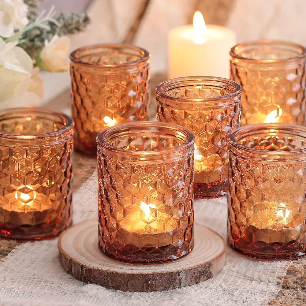 HAVITI 12pcs Amber Votive Candle Holders, Tea Light Candle Holders for Table Centerpiece, Glass V... | Amazon (US)