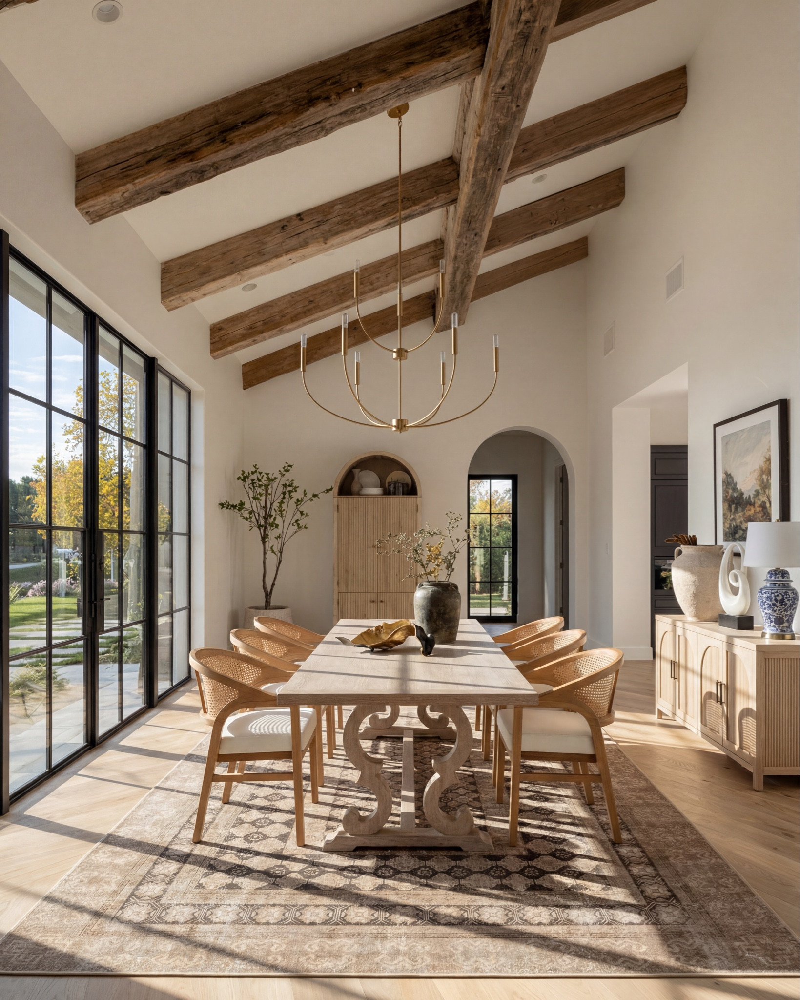 * Rectangular light wood dining table (traditional trestle base)
* Woven cane dining chairs (natural oak frame)
* Neutral vintage-style area rug (distressed pattern)
* Brass modern chandelier (linear / sculptural arms)
* Rustic exposed wood ceiling beams (reclaimed look)
* Large black-framed sliding glass doors (industrial style)
* Dark ceramic vase (handmade / organic texture)
* Dried floral arrangement (neutral stems)
* Sculptural brass decorative bowl
* Black ceramic candle holder (modern abstract form)
* White taper candle
* Small matte black decorative bowl
* Minimalist sculptural object (black accent piece)
* Light wood sideboard cabinet (fluted / ribbed detailing)
* Built-in arched niche cabinet (custom millwork look)
* Decorative pottery (neutral ceramic vases)
* Framed landscape wall art (classic / muted tones)
* Indoor olive tree (or faux olive tree)
* Neutral linen / textured textiles
* Warm light oak flooring
* Soft cream / off-white wall paint
* Arched doorway architectural detail


#LTKHome #LTKSaleAlert