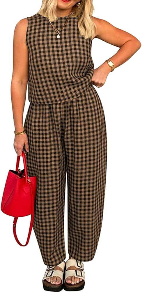 loveimgs Women 2 Piece Pants Set Lounge Summer Outfit Sleeveless Plaid Vest Tank Top Tracksuit Li... | Amazon (US)