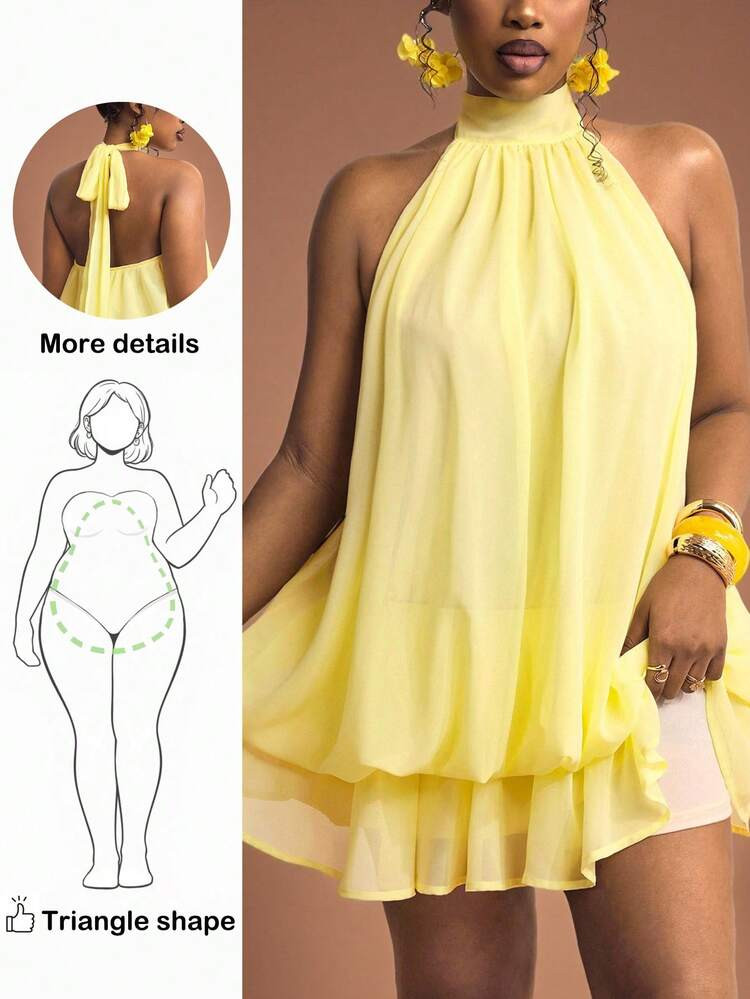 Truni Plus Size Women's Chiffon Elegant Cream Yellow Backless Tie Strap Mini Dress, Date Night Dress, Night Out Dress, Summer Dress, Honeymoon Outfit, Wedding Guest Dress, Island Vacation Dress, Wedding Guest Dress, Sundress, Elegant Party Dress, Birthday Dress Lemon Yellow Tunic Dress Yellow Beach Wear Beach Vacation Outfits, Plus Size Short Yellow Dress Layered Ruffle Dress Halter Neck Mini Dress Love And Lemonade Dress Flowy Short Dress Halter Neck Dress For Women, For Pear And Triangle Body Shape | SHEIN