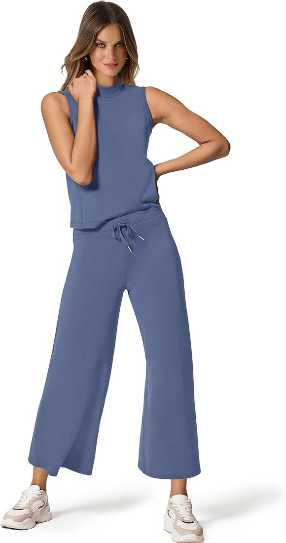 SAMPEEL Two Piece Sets for Women Summer Outfits Lounge Sets Mock Neck Tops Wide Leg Crop Pants Va... | Amazon (US)