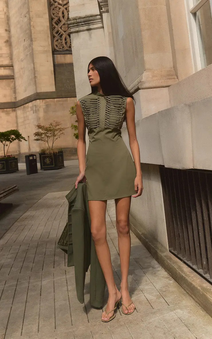 Khaki Tailored Military Detail Fitted Shift Dress | PrettyLittleThing USA | PrettyLittleThing US