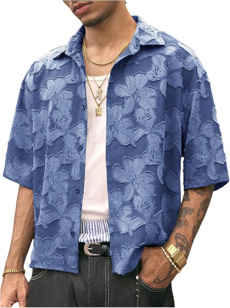 BEAUDRM Men's Boho Floral Button Down Shirt Short Sleeve Textured Summer Crop Top Streetwear Coun... | Amazon (US)
