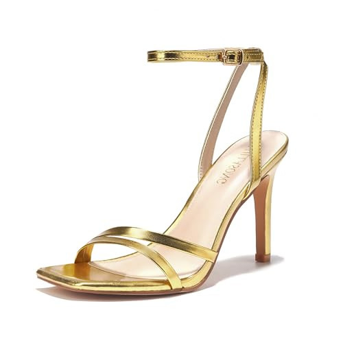 LULLASONG Gold Heels Strappy Ankle Strap High Women's Heels 3.5 Inch Heeled Square Open Toe Sandals for Women | Amazon (US)