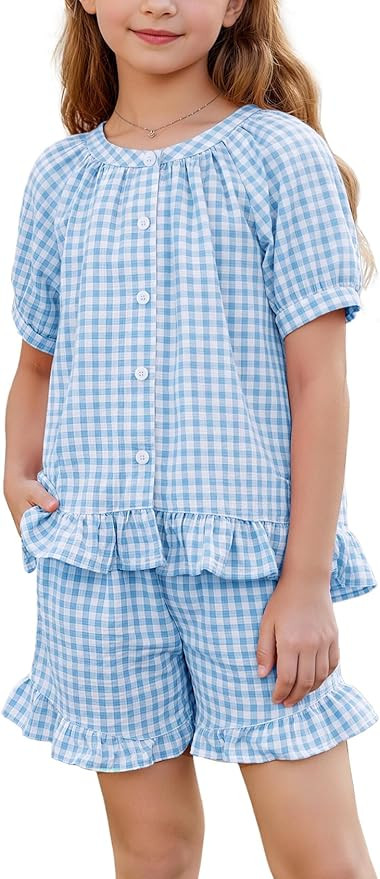 Girls Summer Clothes Sets Plaid 2 Piece Outfits Cotton Ruffle Babydoll Button Shirt Kids Shorts S... | Amazon (US)