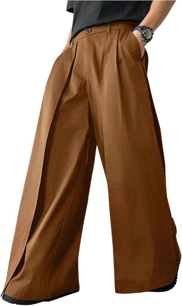 OYOANGLE Men's Baggy Wide Leg Pants Zipper Fly Pleated Trousers Business Casual Dress Pants with ... | Amazon (US)