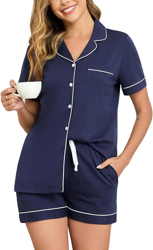 Veseacky 100% Cotton Pajamas for Women Set Short Sleeve Button Down Sleepwear Soft 2 Piece Summer... | Amazon (US)