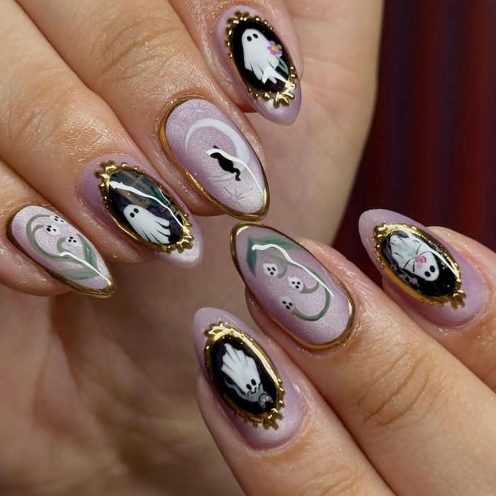 Halloween French Tip Press on Nails Medium Almond Fake Nails with Chrome Ghost Moon Cat Designs C... | Amazon (US)