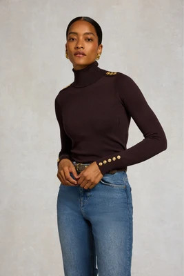 Buttoned Knit Roll Neck (Chocolate) | Holland Cooper