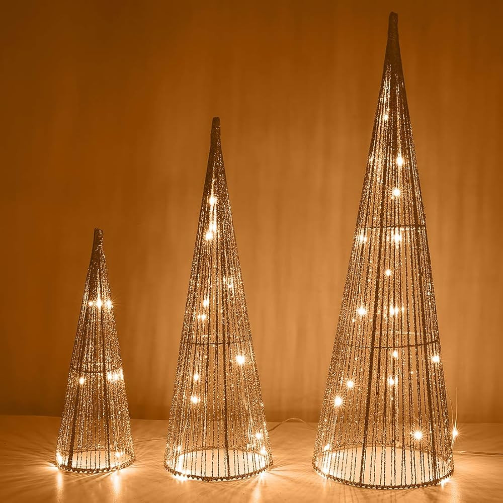 Lewondr Christmas Cone Trees, Set of 3 Christmas Tree with Lights and Glitters(24"/18"/12"), Batt... | Amazon (US)