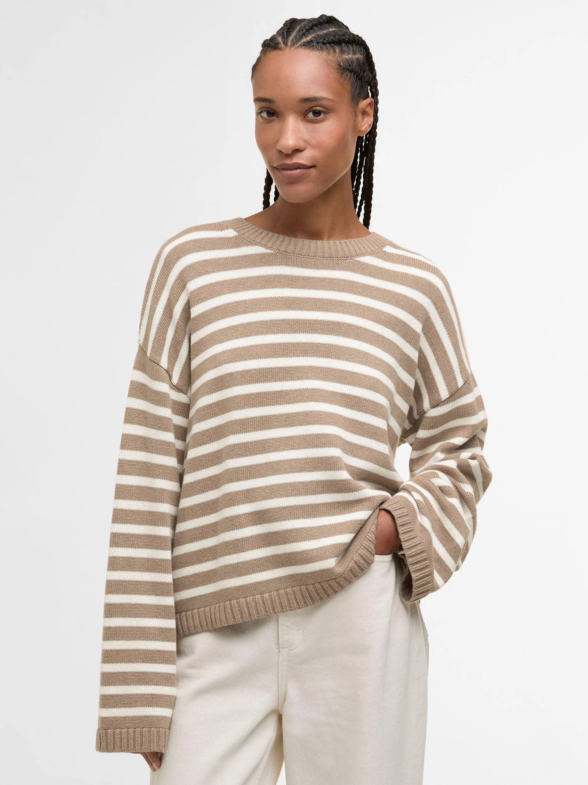 Barbour Rosie Stripe Jumper, Fawn/Ecru | John Lewis (UK)
