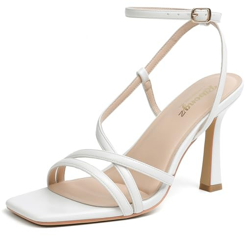 RIBONGZ White Strappy Stiletto Heels Square Open Toe Kitten High Heels Ankle Strap Sexy Heeled Sandals for Women Wedding Bride Party Prom Dress Shoes 9 | Amazon (US)