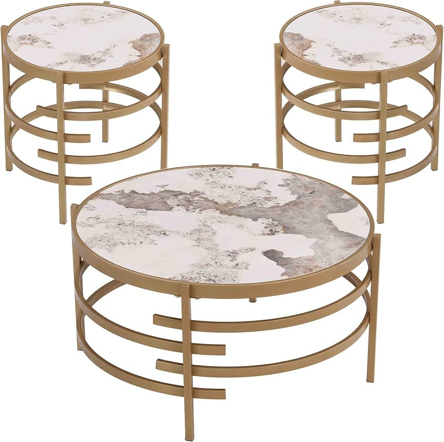 Round Coffee Table and End Table Set of 3, Marble Stone Living Room Table Modern Sofa Side Table,... | Amazon (US)