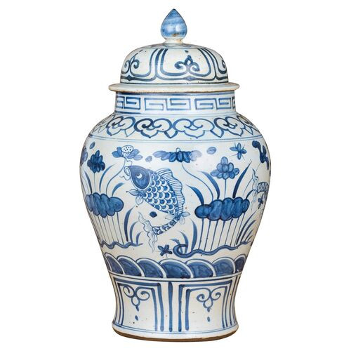 16" Small Fish Temple Jar, Blue | One Kings Lane