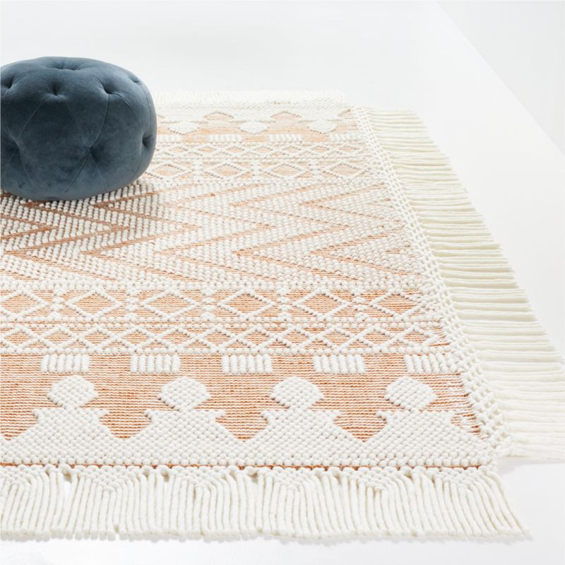 Pompom Terra Cotta Geometric Rug with Fringe | Crate & Kids | Crate & Barrel