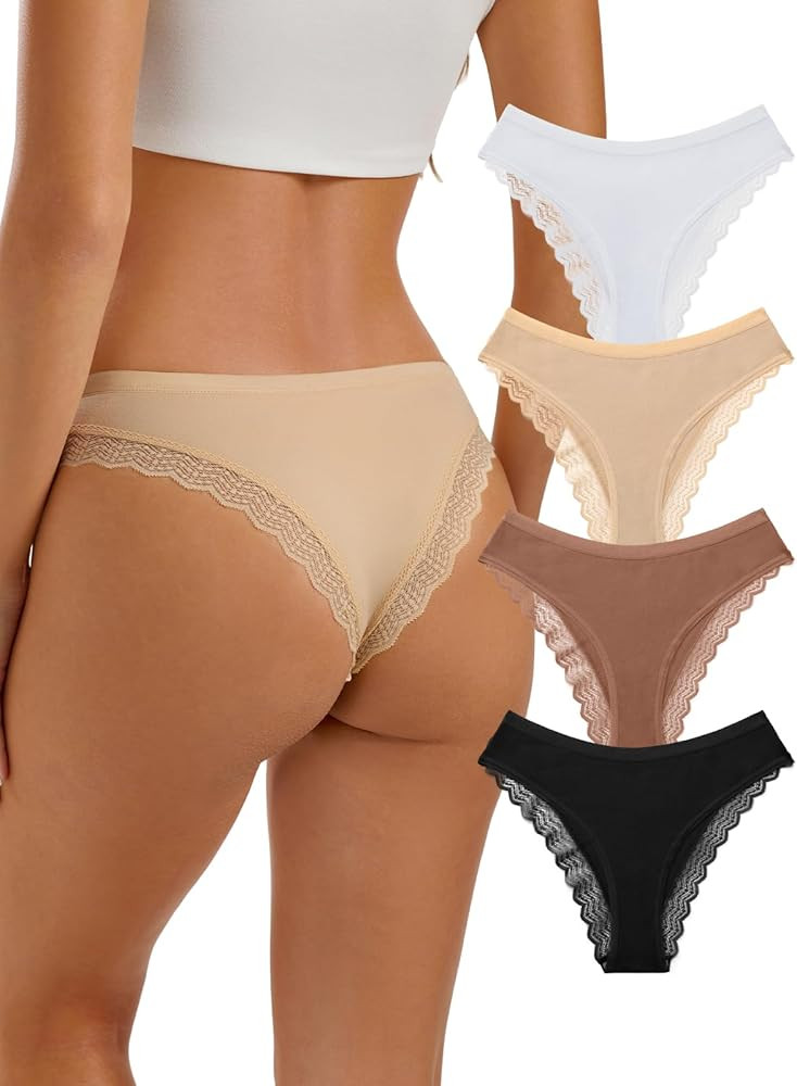 REORIA Womens Cotton Underwear Lace Cheeky Hipster Panties Sexy Low Rise Briefs 4 Pack | Amazon (US)