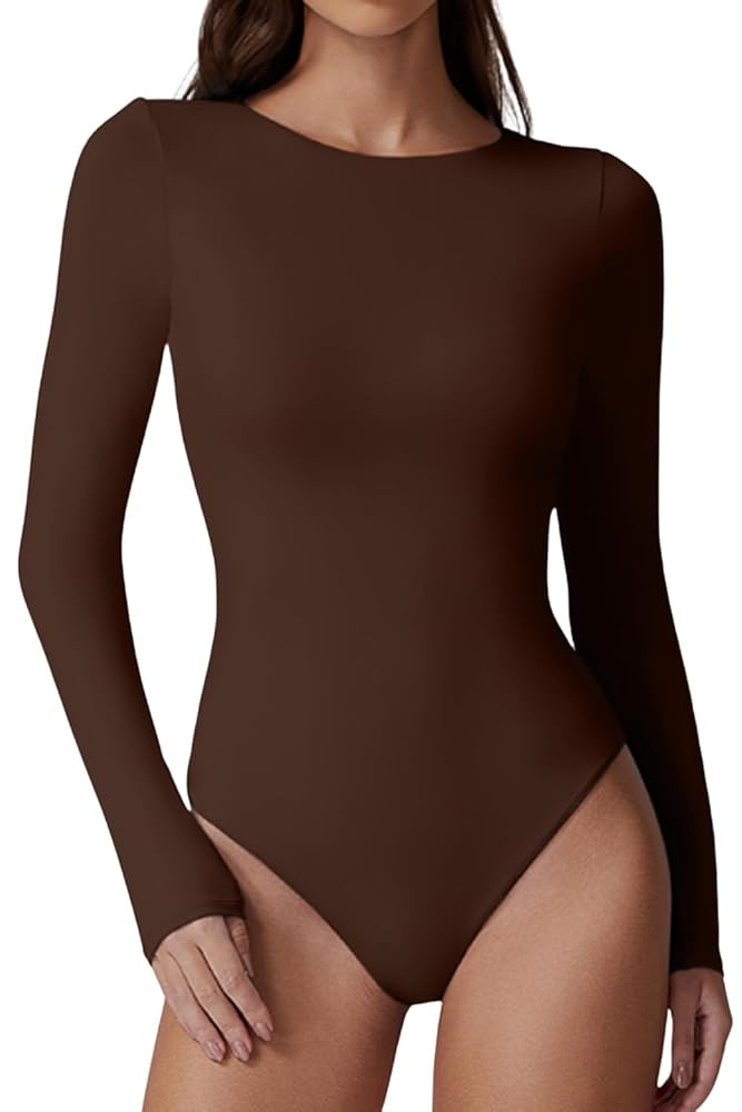 QINSEN Womens Crew Neck Long Sleeve Bodysuit Double Lined Body Suits Basic T-Shirt Tops | Amazon (US)