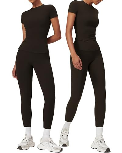 yoga sets for women 2 piece Seamless Workout Sets for Women High Waist Removing chest pad workout sets (Short Sleeves+long Pants Black Coffee, M) | Amazon (US)