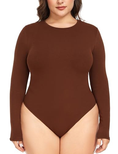 FOREYOND Plus Size Long Sleeve Bodysuit Brown for Women | Amazon (US)