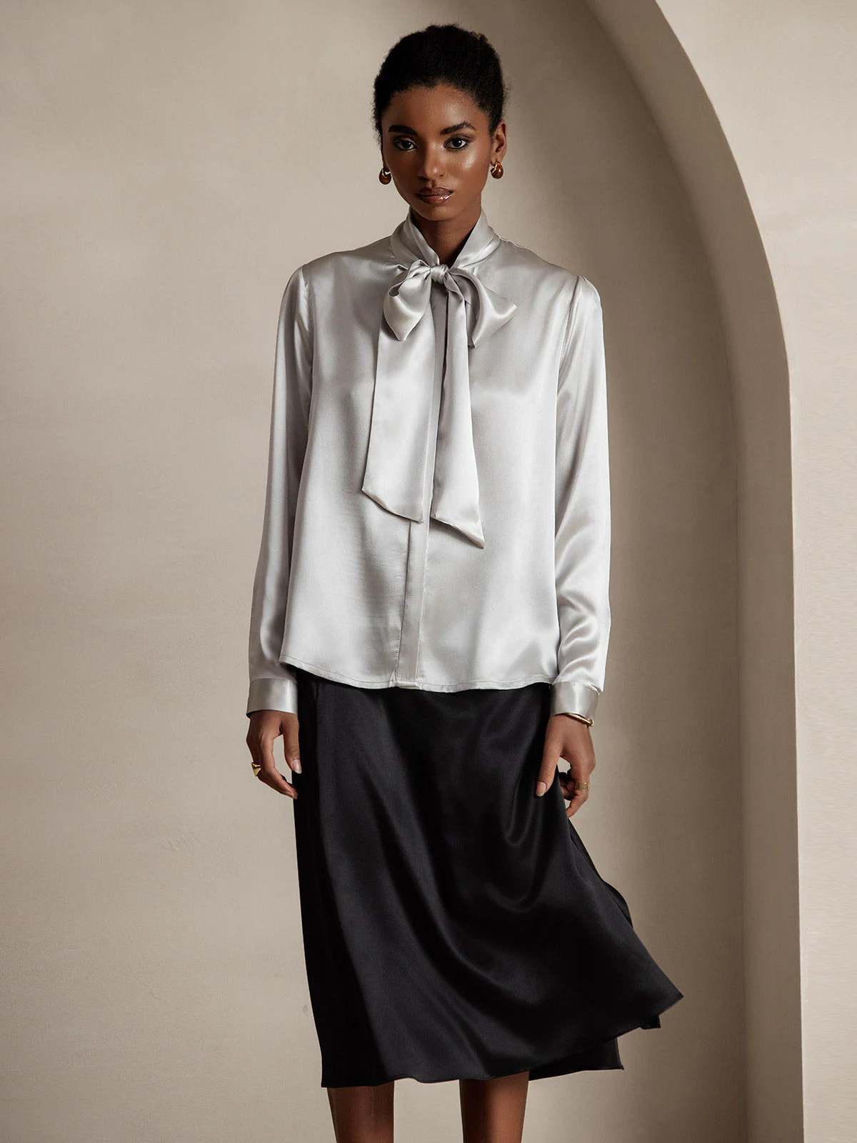 19Momme Silk Long Sleeve Tie Neck Blouse | SilkSilky