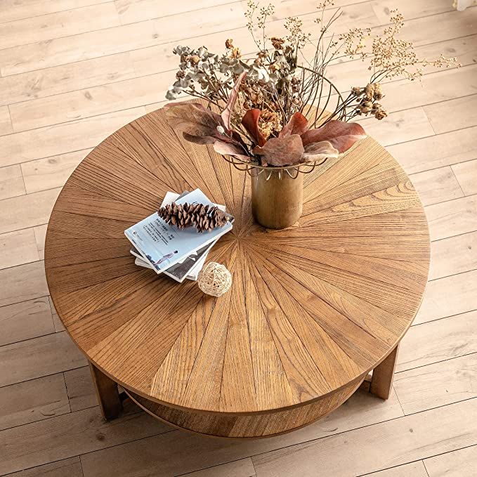 Wood Round Coffee Table for Living Room, 2 Tier Circle Farmhouse Coffee Table with Storage, Mid-C... | Amazon (US)