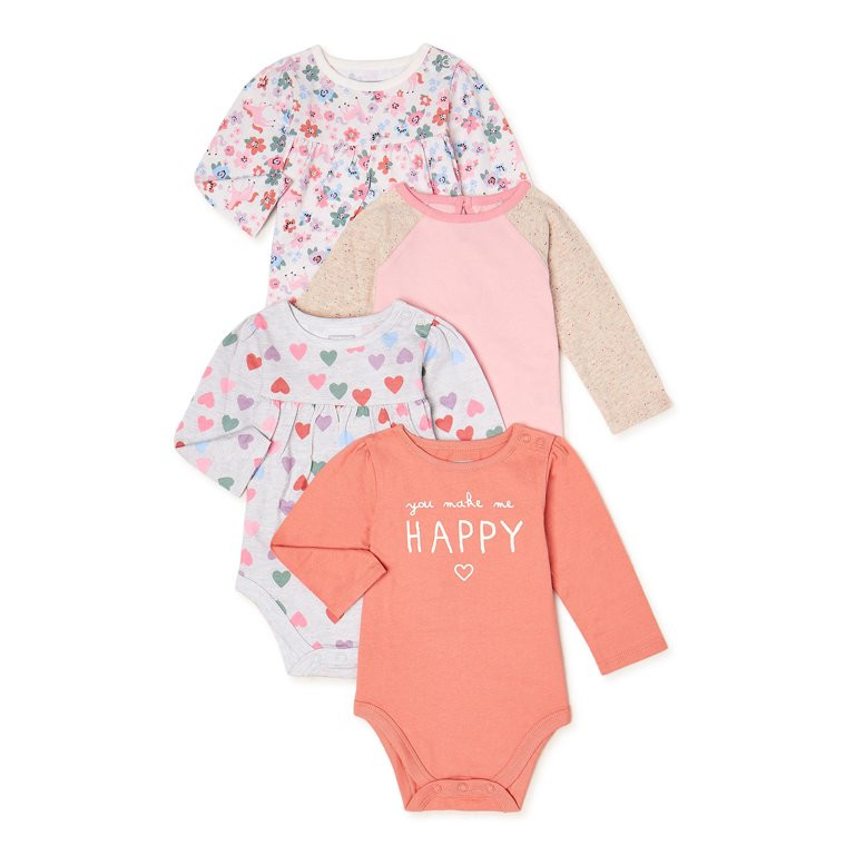 Garanimals Baby Girl Long Sleeve Bodysuit Multipack, 4-Pack, Sizes 0/3M-24M | Walmart (US)
