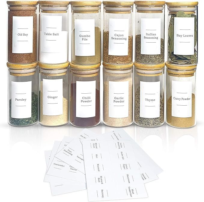 12 Piece- Eco-friendly Bamboo Lid Glass Spice Jar Set with 84-Minimalist Pre-Printed Waterproof S... | Amazon (US)