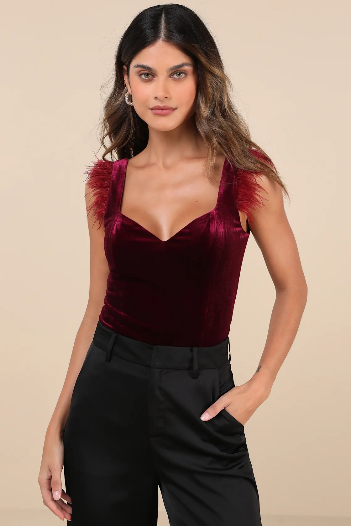 Fabulous Vibe Plum Velvet Feather Sleeveless Bodysuit | Lulus