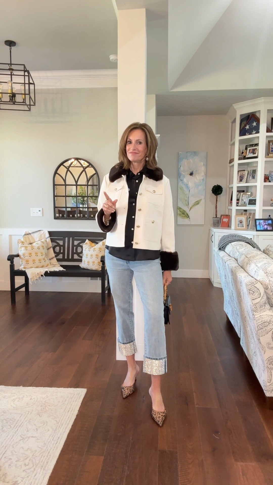 Ponte faux fur trim jacket - large 
Satin rhinestone top - medium 
Rhinestone hem jeans - size 6

Fall style 
Date night

#LTKMidsize #LTKSaleAlert