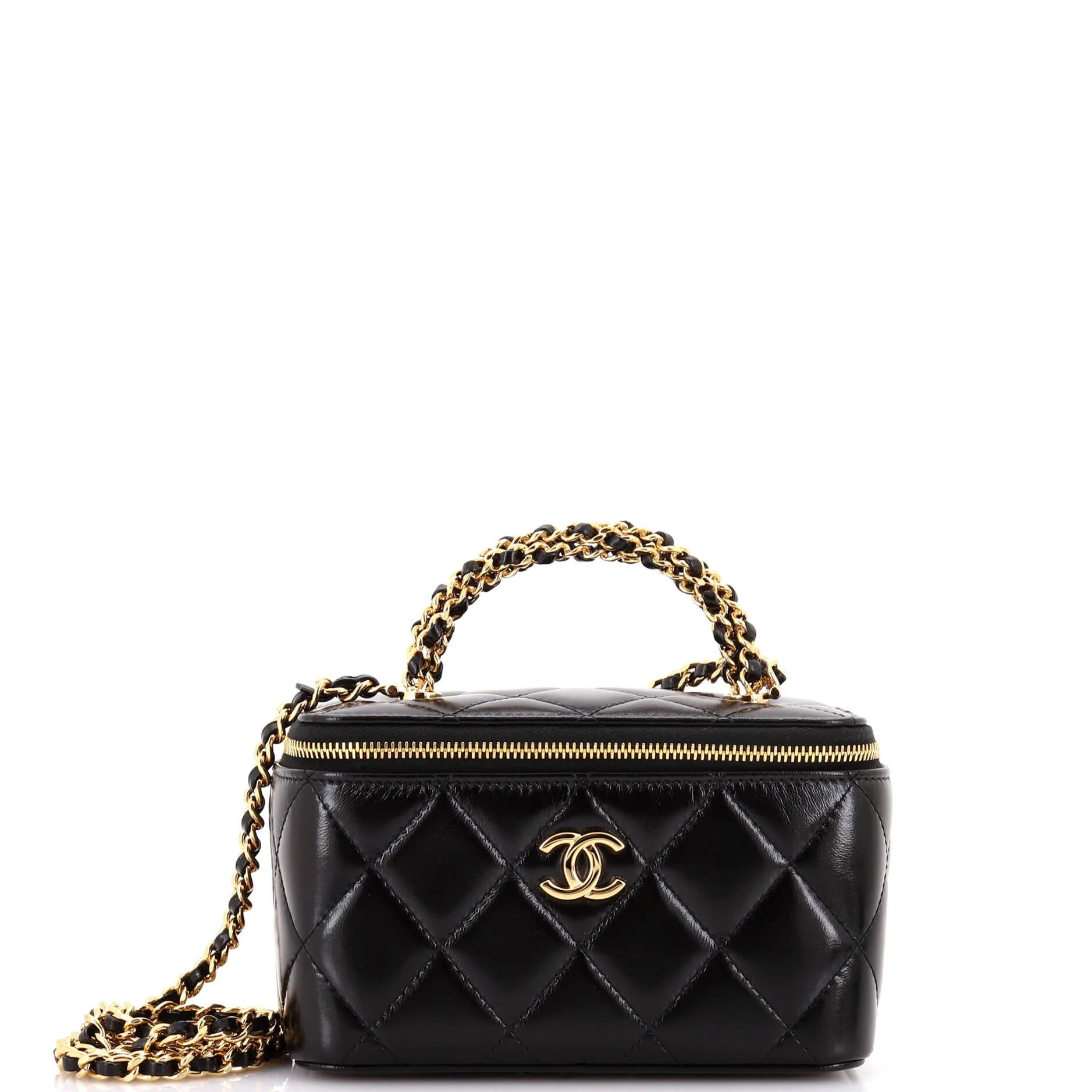 Woven Top Handle Vanity Case with Chain Quilted Lambskin | Shop Simon