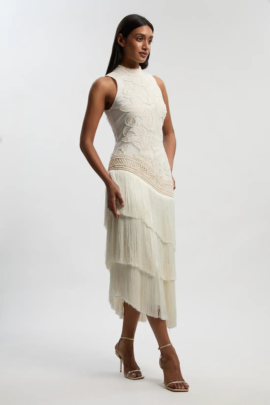Fringed Asymmetric Beaded Halter Neck Woven Maxi Dress | Karen Millen