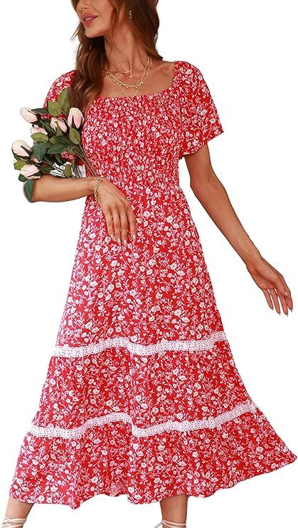 Raikamitu Women's Smocked Maxi Dresses for Summer Casual Square Neck Short Sleeve Floral Swing Fl... | Amazon (US)