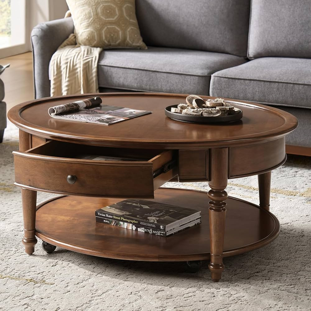 HULALA HOME Round Coffee Table with Casters, Wood Coffee Table Movable with Drawer/Shelf, 2-Tier ... | Amazon (US)