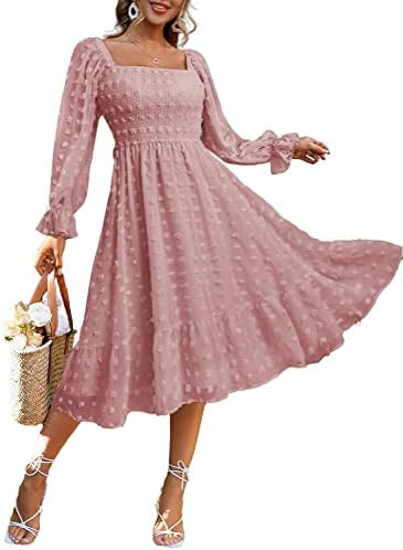 Amegoya Women's Boho Flowy Long Sleeve Square Neck Floral Midi Dress Smocked Spring Fall Wedding ... | Amazon (US)