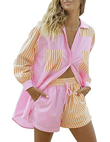 SAFRISIOR Women’s 2 Piece Casual Tracksuit Outfit Sets Stripe Long Sleeve Shirt And Loose High Waisted Mini Shorts Set (Small, Pink&Yellow, s) | Amazon (US)