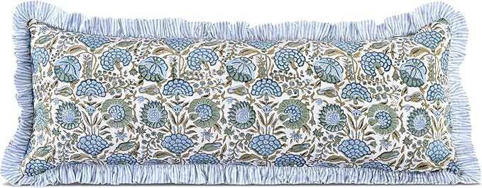 Ridhi Block Print Asparagus Green 36"x14" Set 1-100% Cotton Ruffle Lumbar Sham Cover Boho Floral ... | Amazon (US)