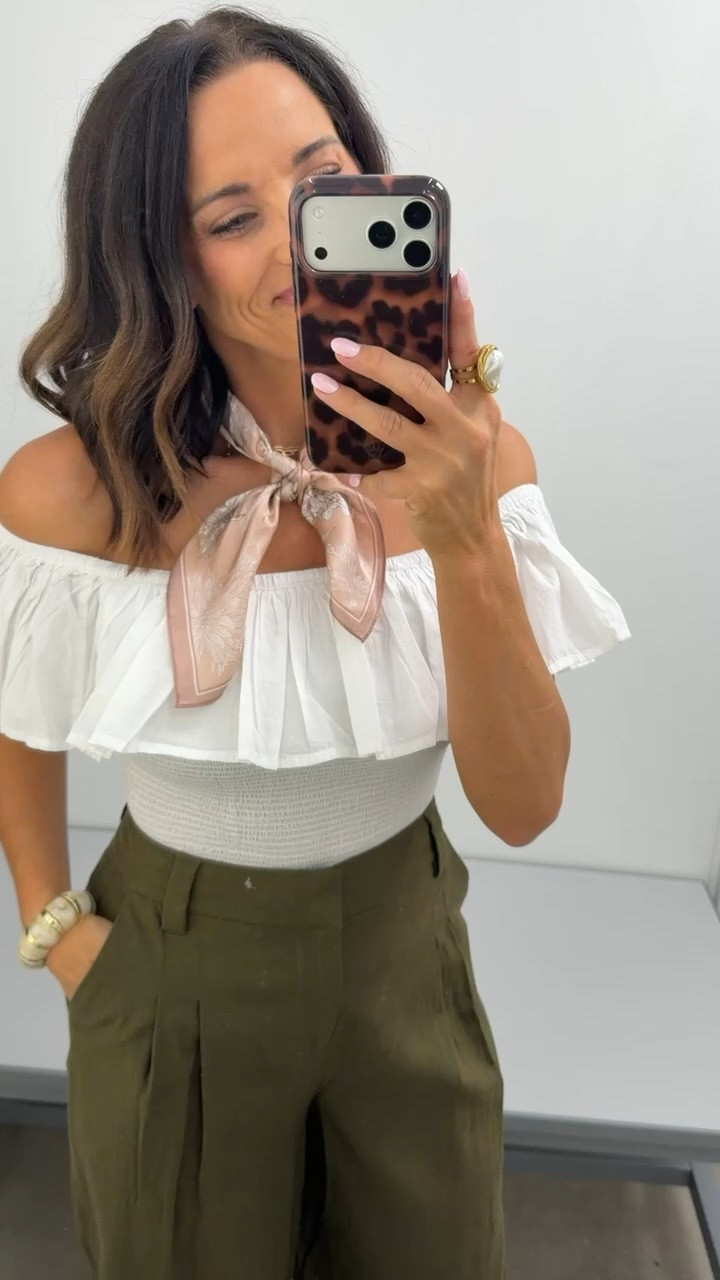 Okay this outfit is giving major Free People vibes without the Free People price tag 🤍 I’m obsessed with this off the shoulder top — the ruffle detail and scarf styling make it feel so feminine and elevated. Paired with these flowy trousers makes the whole look feel effortlessly chic. 

This is one of those outfits that looks WAY more expensive than it is while still being super comfy and easy to wear. Perfect for brunch, vacation dinners, church, girls nights, or anytime you want that trendy boutique look for less ✨ Walmart seriously keeps surprising me lately. 

Size XS, 5’3 for reference