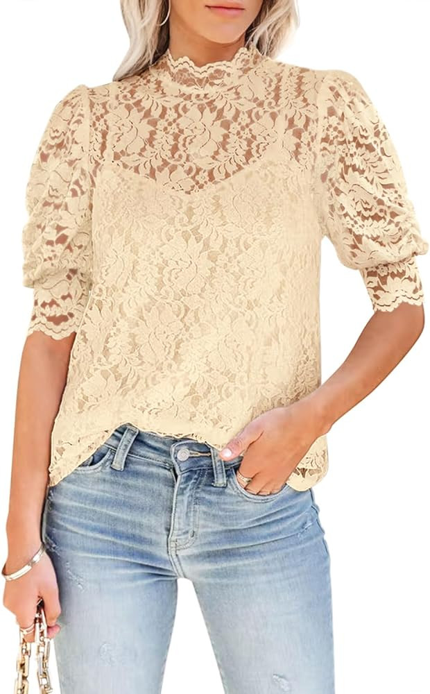 DOROSE Womens Lace Tops Dressy Casual Short Sleeve Floral Summer Blouses Shirts | Amazon (US)