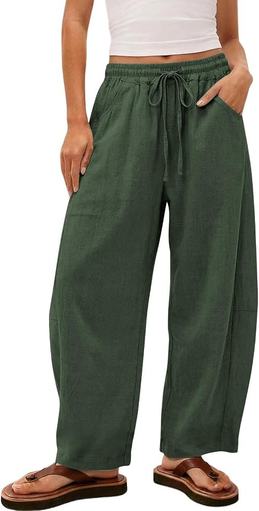 SMIDOW Linen Barrel Pants Women Casual Baggy Wide Leg Drawstring Palazzo Pants Summer Beach Trave... | Amazon (US)