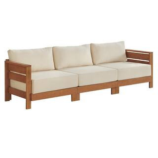 Barton Wood Weather-Resistant 3-Person Outdoor Couch with Stain-Resistant and Fade-Proof White Cushions | The Home Depot