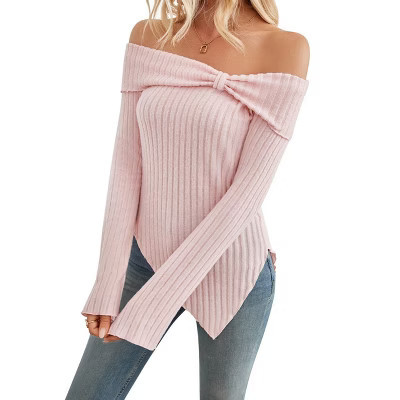 Clearlove Women's Off-Shoulder Fitted Knit Top with Side Slit & Bow Detail - Long Sleeve Cropped Blouse Pink S | Target