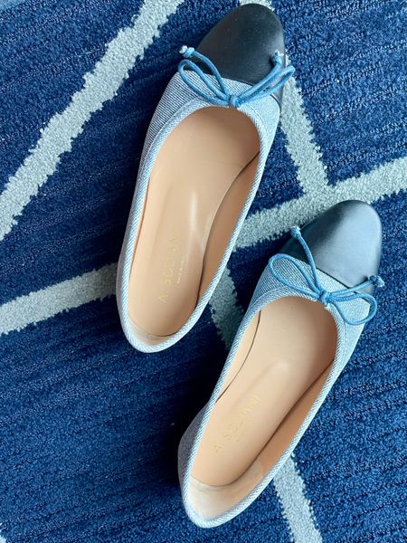 A.soliani ballet flats in denim printed suede, cap toe ballerina flats that look like Chanel 
Very comfortable and worth the price, but size down, as they run big 


#LTKshoecrush