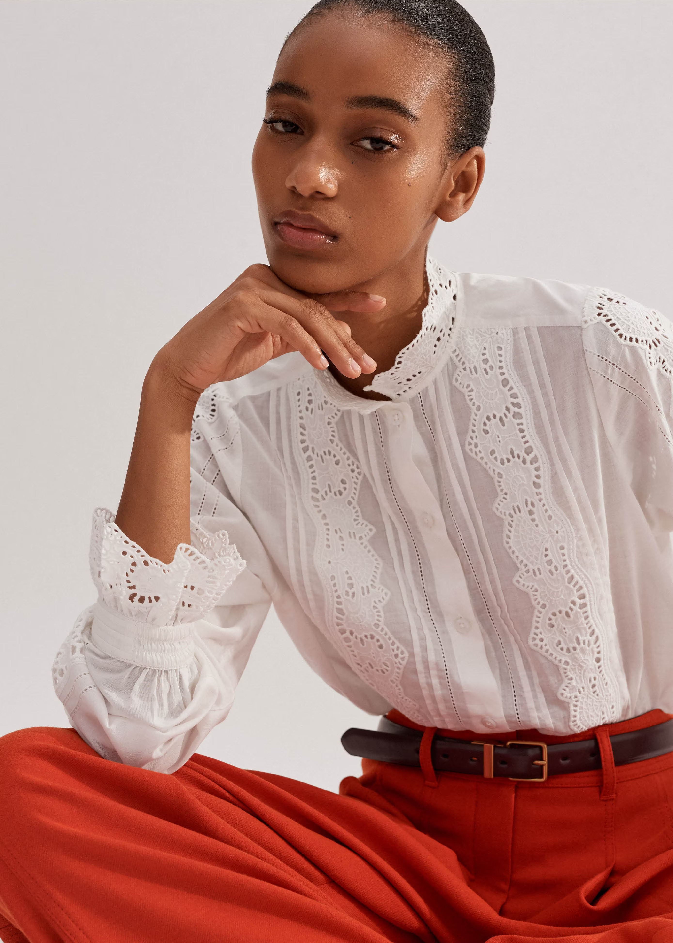 Women's White Cotton Voile Embroidery Detail Blouse | ME+EM | ME+EM US