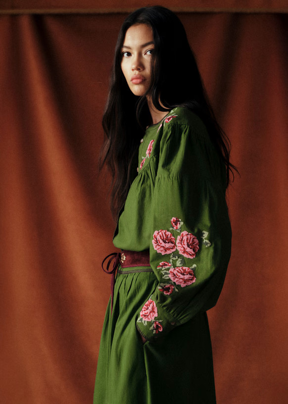 Orla Shirt - Sézane x Baziszt - Bamboo Green with Floral Embroidery   - Organic Cotton - Sézane | Sezane Paris - US