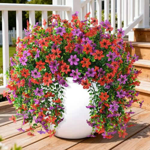ZFProcess Artificial Hanging Flowers for Outdoors, 2 Pcs Fake Hanging Plant Spring Summer Decoration, UV Resistant No Fade Faux Flower for Porch Patio Yard Window Home Decor(Red Purple) | Amazon (US)