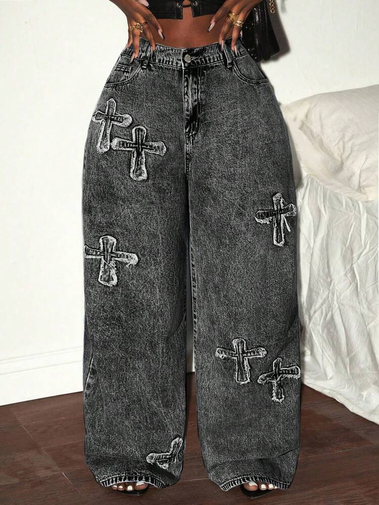Slaydiva Plus Size Women's Jeans Loose Straight Trousers Blue Straight Trousers Low Rise Baggy Jeans Baggy Jeans Y2k Goth Pants Jeans With Bows Bow Jeans Cowgirl Pants | SHEIN