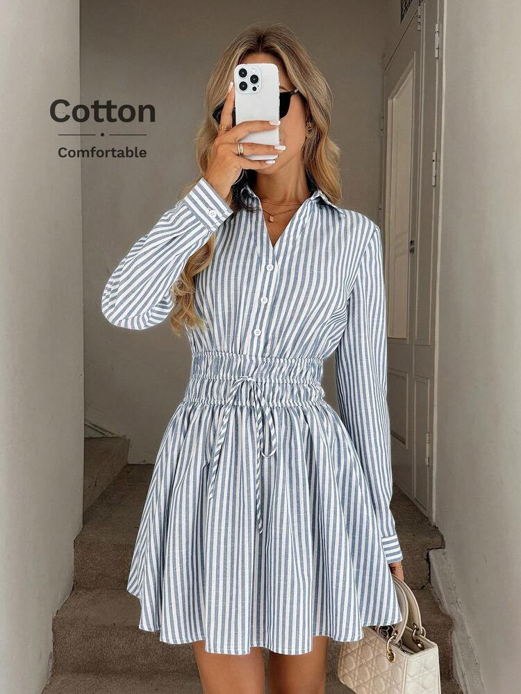Easowa Collared Button Half-Open Waist Pleated Drawstring Bow A-Line Long Sleeve Shirt Dress, Cas... | SHEIN