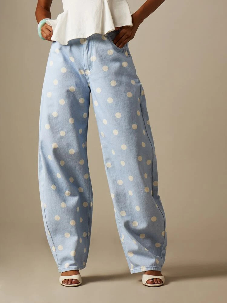 MISSGUIDED Polka Dot Barrel Leg Jeans Wide Leg High Rise Light Wash Denim Vintage Retro Spring Su... | SHEIN